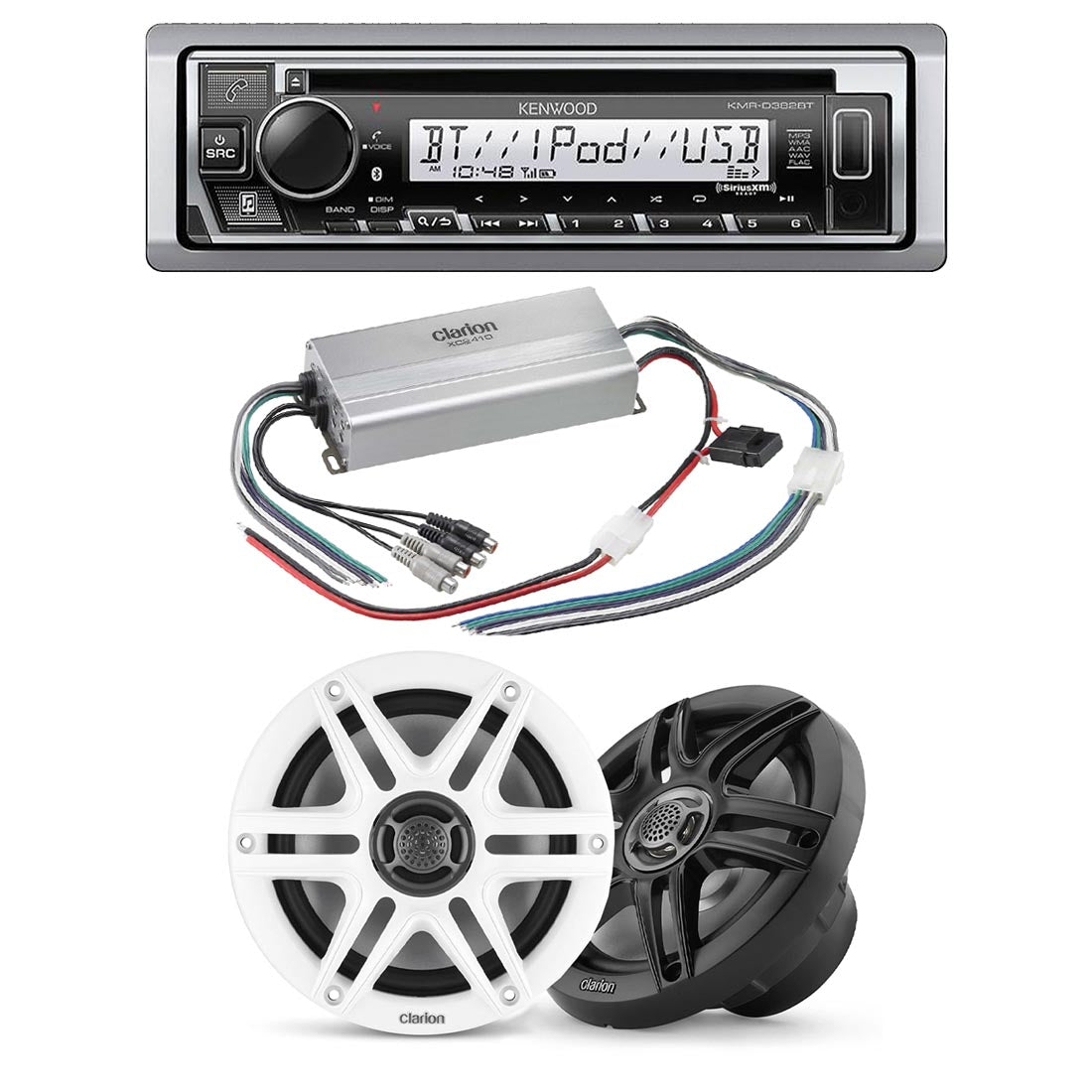 Kenwood KMR-D382BT Marine CD-Receiver | Clarion CMS-651 Marine Speakers | Clarion XC2410 Marine Amplifier - Bundle