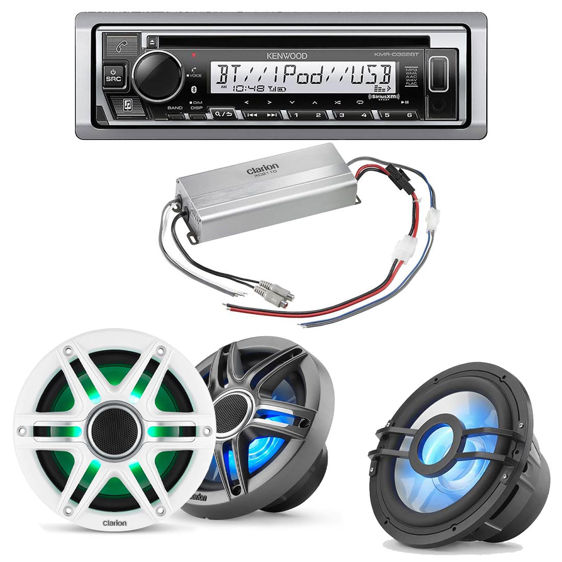 Kenwood KMR-D382BT Marine CD-Receiver | Clarion CMSP-651RGB-SWG Marine RGB Speakers | Clarion XC2110 Marine Amplifier | Clarion CMSP-101RGB 10" Marine Subwoofer - Bundle