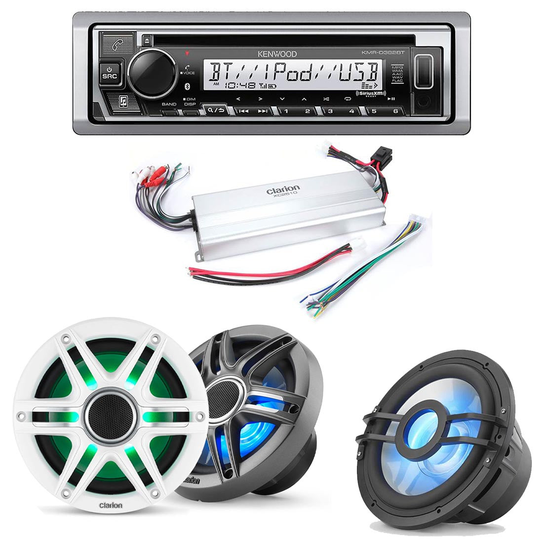 Kenwood KMR-D382BT Marine CD-Receiver | Clarion CMSP-651RGB-SWG Marine RGB Speakers | Clarion XC2510 Compact Class D 5-Channel Marine Amplifier | Clarion CMSP-101RGB-4 10" Marine Subwoofer - Bundle