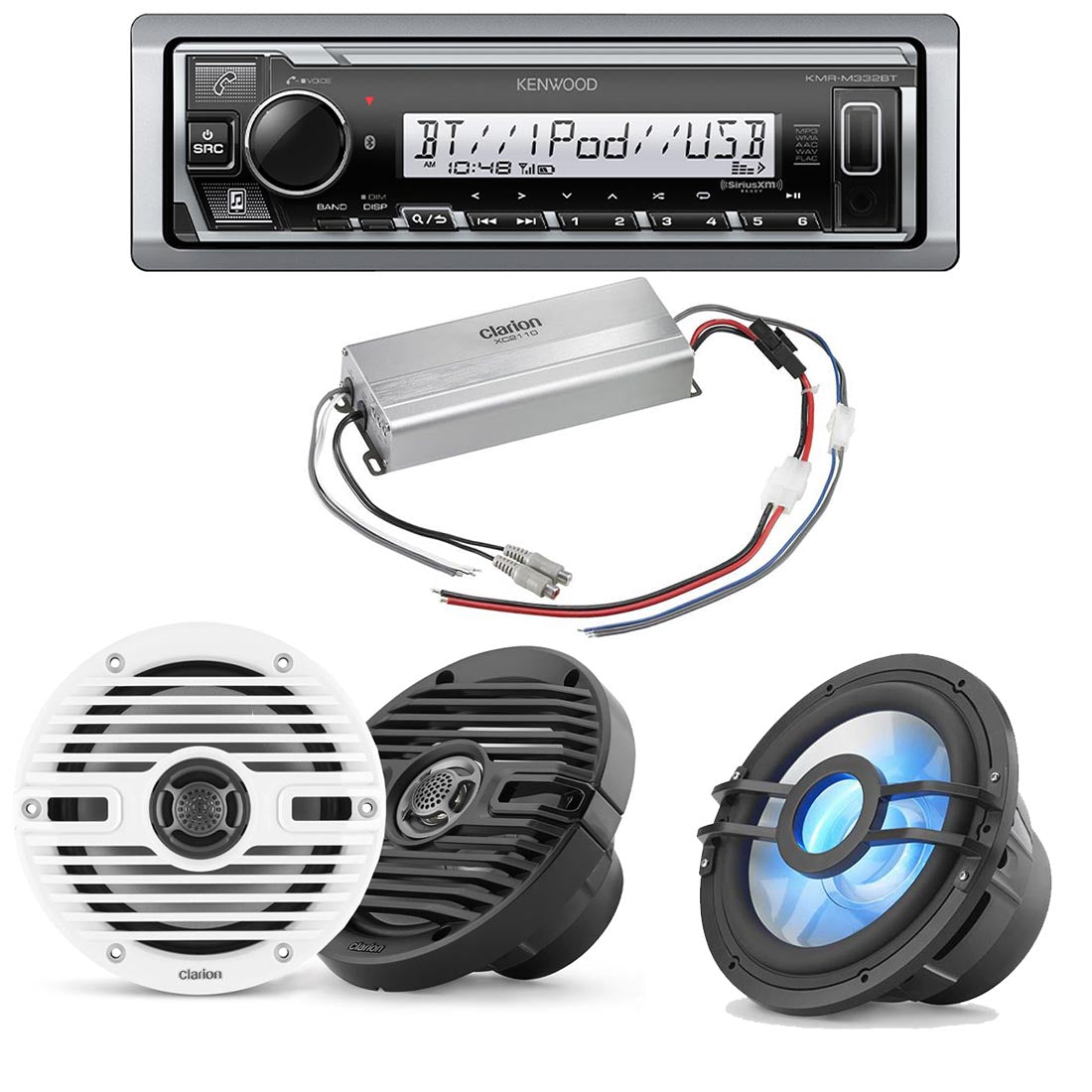 Kenwood KMR-M332BT Marine Digital Media Receiver | Clarion CMS-651 Marine Speakers | Clarion XC2410 Marine Amplifier | Clarion CMSP-101RGB 10" Marine Subwoofer - Bundle