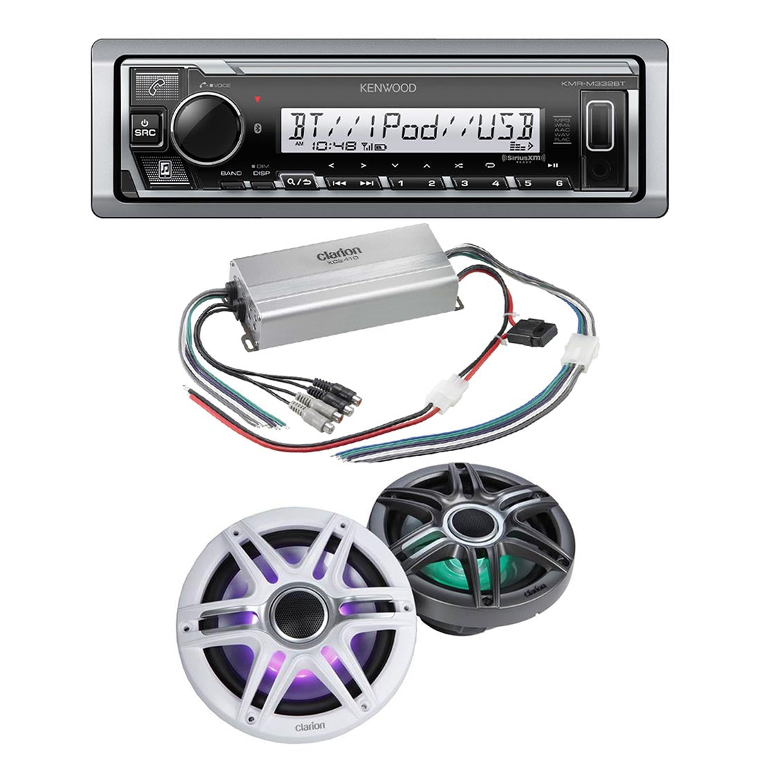Kenwood KMR-M332BT Marine Digital Media Receiver | Clarion CMSP-771RGB-SWG Marine RGB Speakers | Clarion XC2410 Marine Amplifier - Bundle
