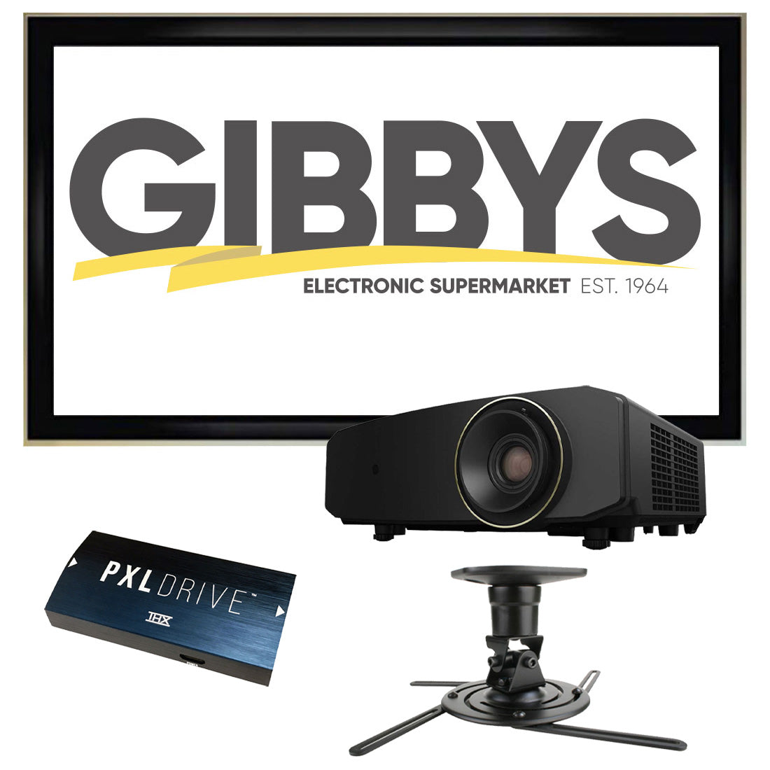 JVC LX-NZ30 4k UHD DLP Laser Projector | Strong Mounts SM-PROJ-M Projector Mount | LX-120G169 120” 16:9 Fixed Screen | Pixelgen PXLDRIVE HDMI Cable Bundle