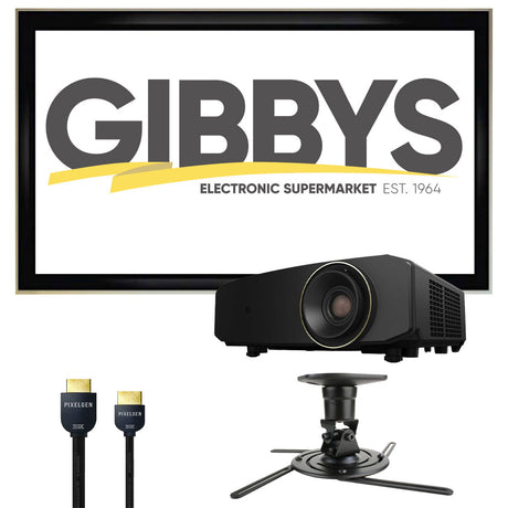 JVC LX-NZ30 4k UHD DLP Laser Projector | Strong Mounts SM-PROJ-M Projector Mount | LX-120G169 120” 16:9 Fixed Screen | Pixelgen PXL-CBH10 1m MAX4 HDMI Cable Bundle