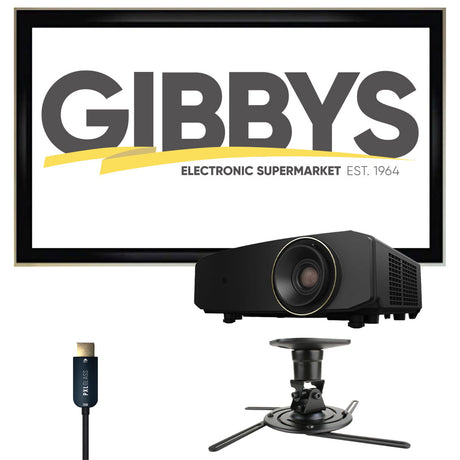 JVC LX-NZ30 4k UHD DLP Laser Projector | Strong Mounts SM-PROJ-M Projector Mount | LX-120G169 120” 16:9 Fixed Screen | Pixelgen PXL-HFC10 10m HDMI Cable Bundle