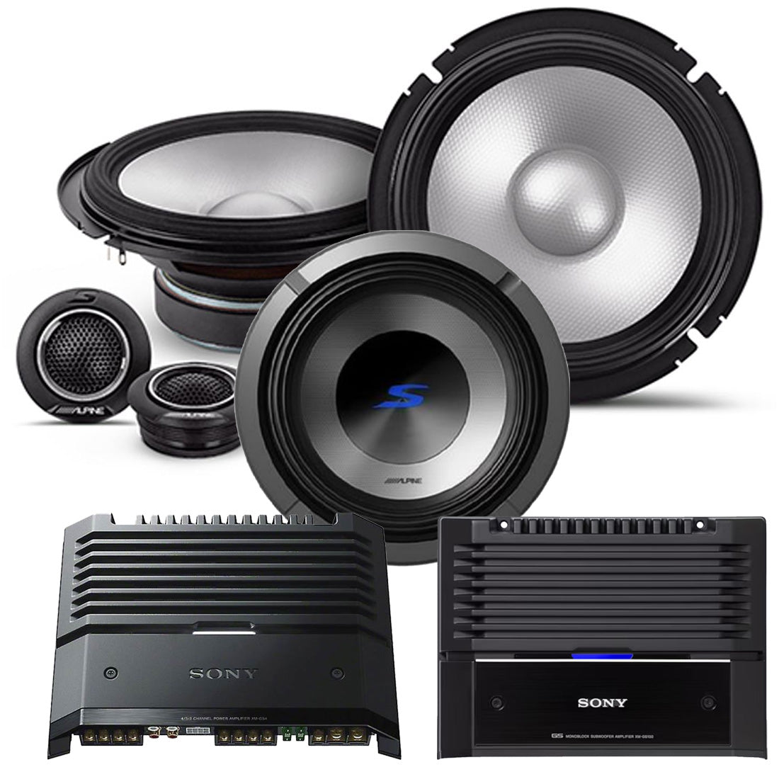 Alpine S2-S65C 6.5" Component Speaker System | S2-W12D4 12" DVC Subwoofer | Sony XM-GS4 4-Channel Amplifier | XM-GS100 Mono Amplifier - Bundle