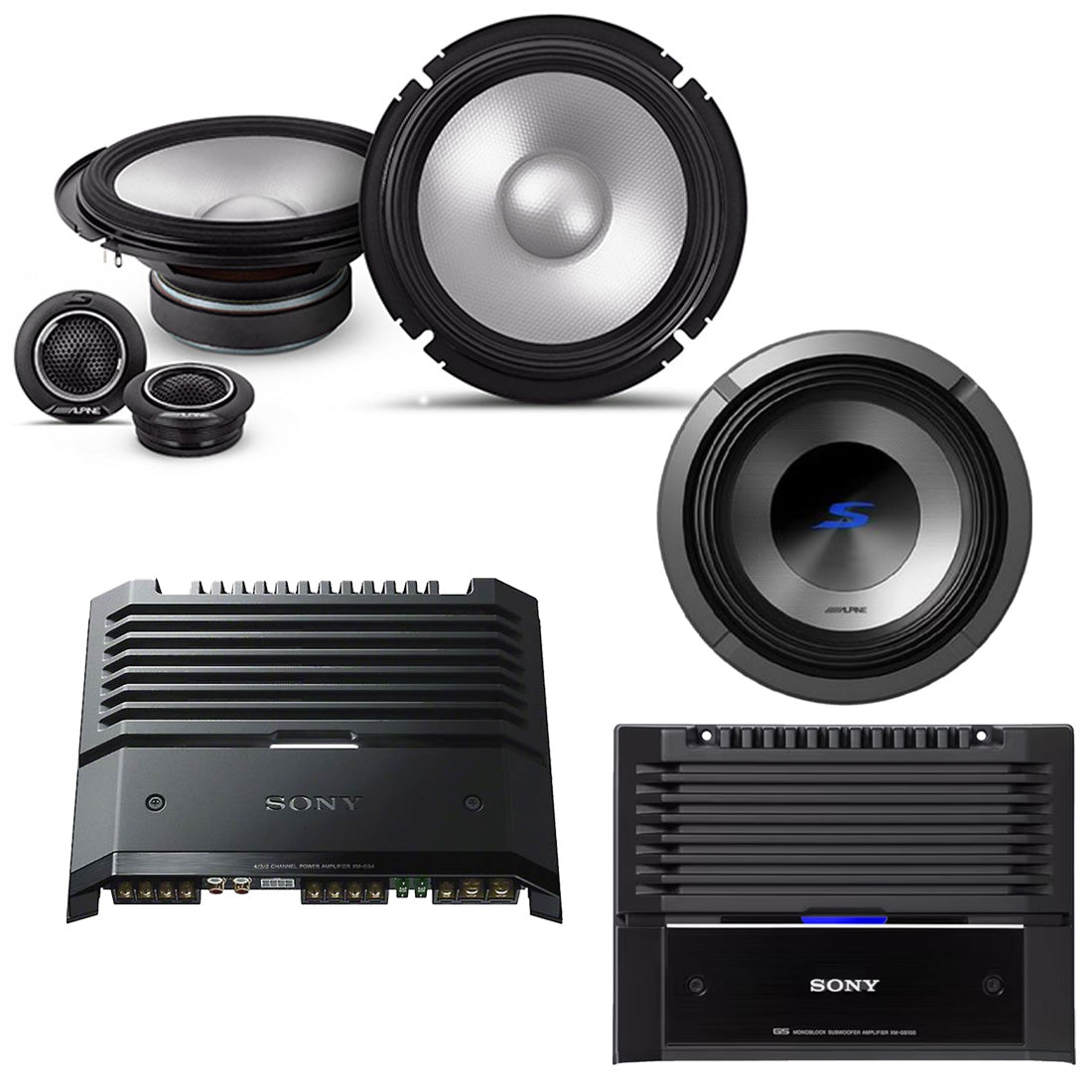 Alpine S2-S65C 6.5" Component Speaker System | S2-W12D4 12" DVC Subwoofer | Sony XM-GS4 4-Channel Amplifier | XM-GS100 Mono Amplifier - Bundle