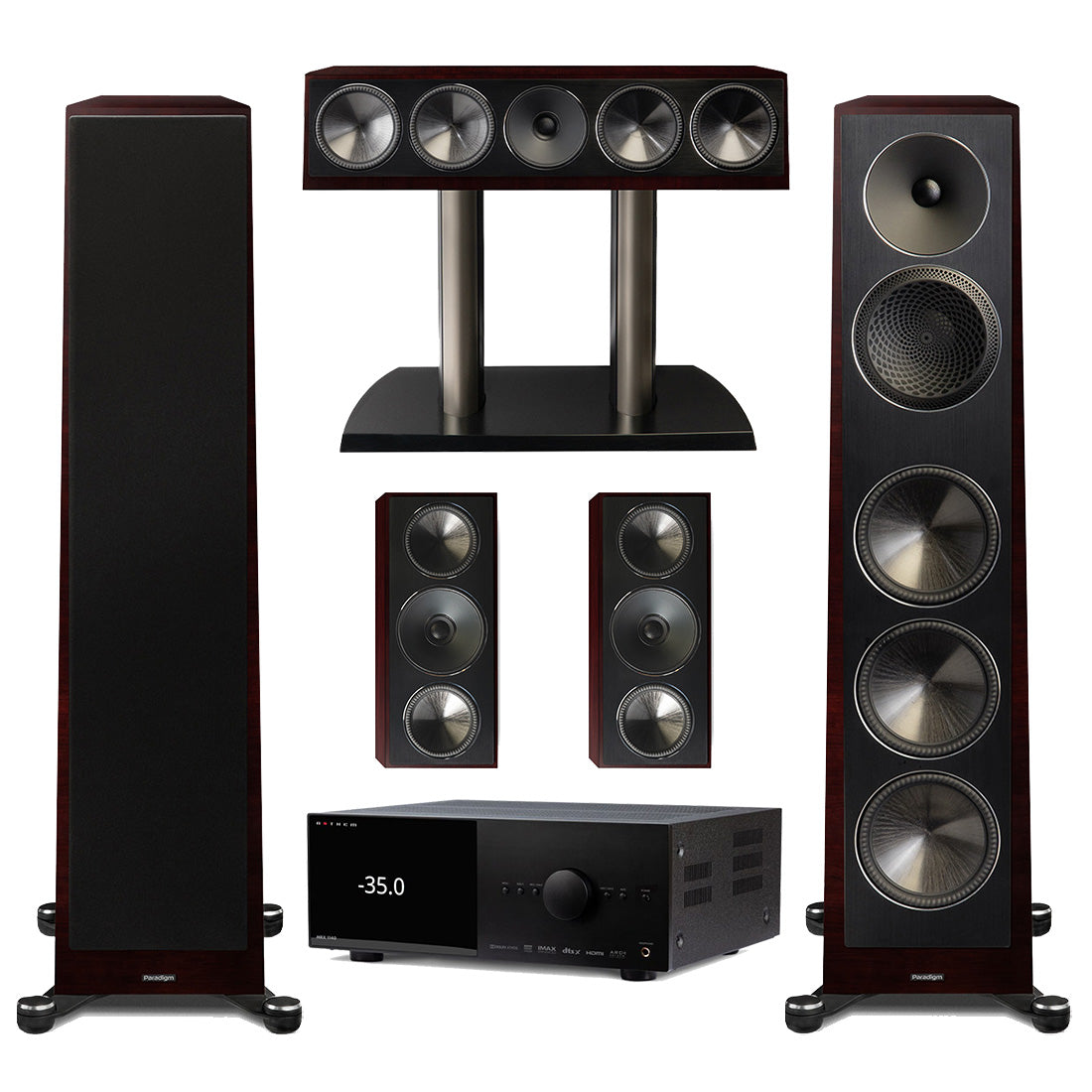 Anthem MRX 1140 Receiver | Paradigm Founder 120H Floor Standing Speakers | Founder 90C Center Channel | Founder 70LCR Bookshelf Speakers - Midnight Cherry - Bundle