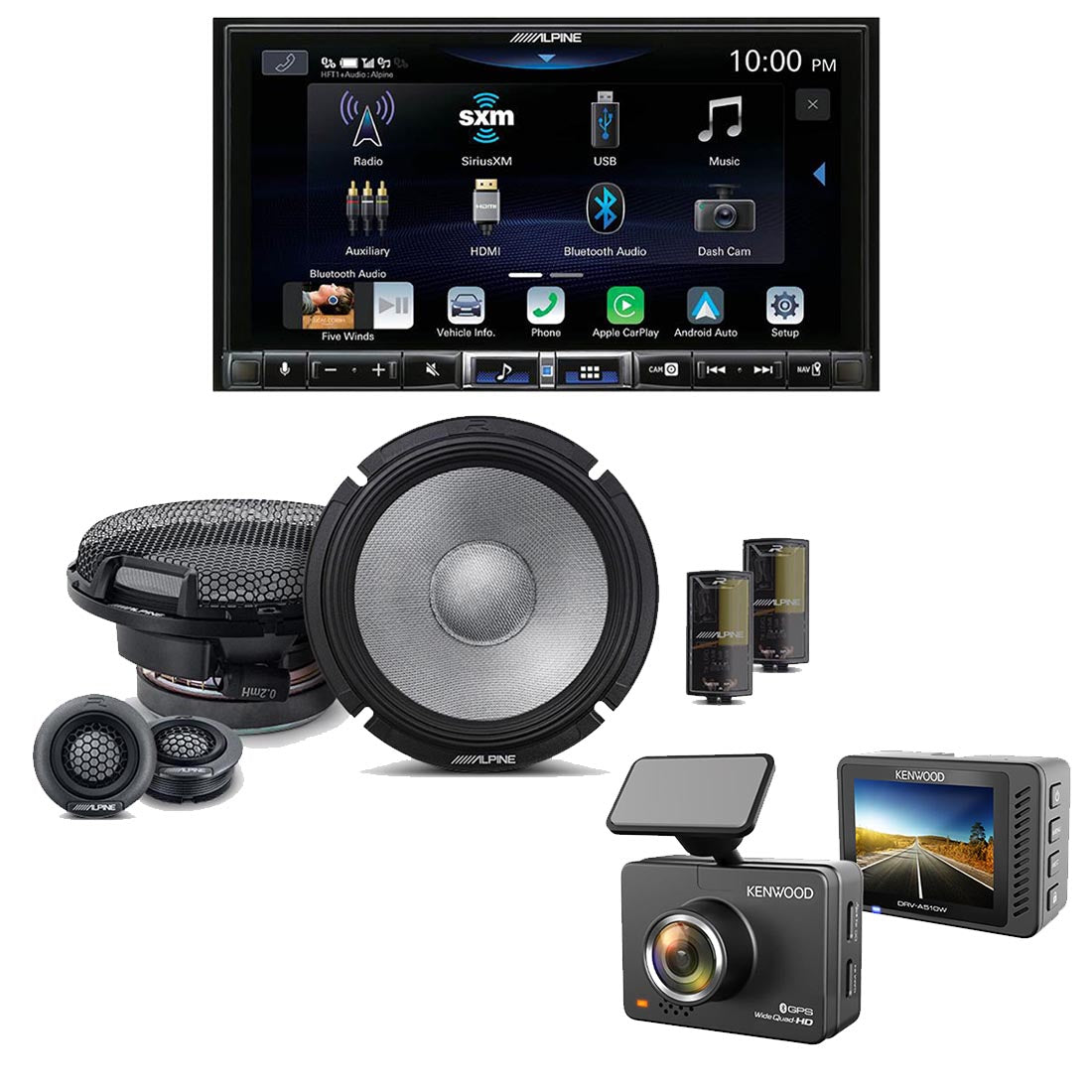 Alpine ILX-507 Multimedia Receiver | Alpine R2-S65C Speaker Set | Kenwood DRV-A510W Dash Cam - Bundle