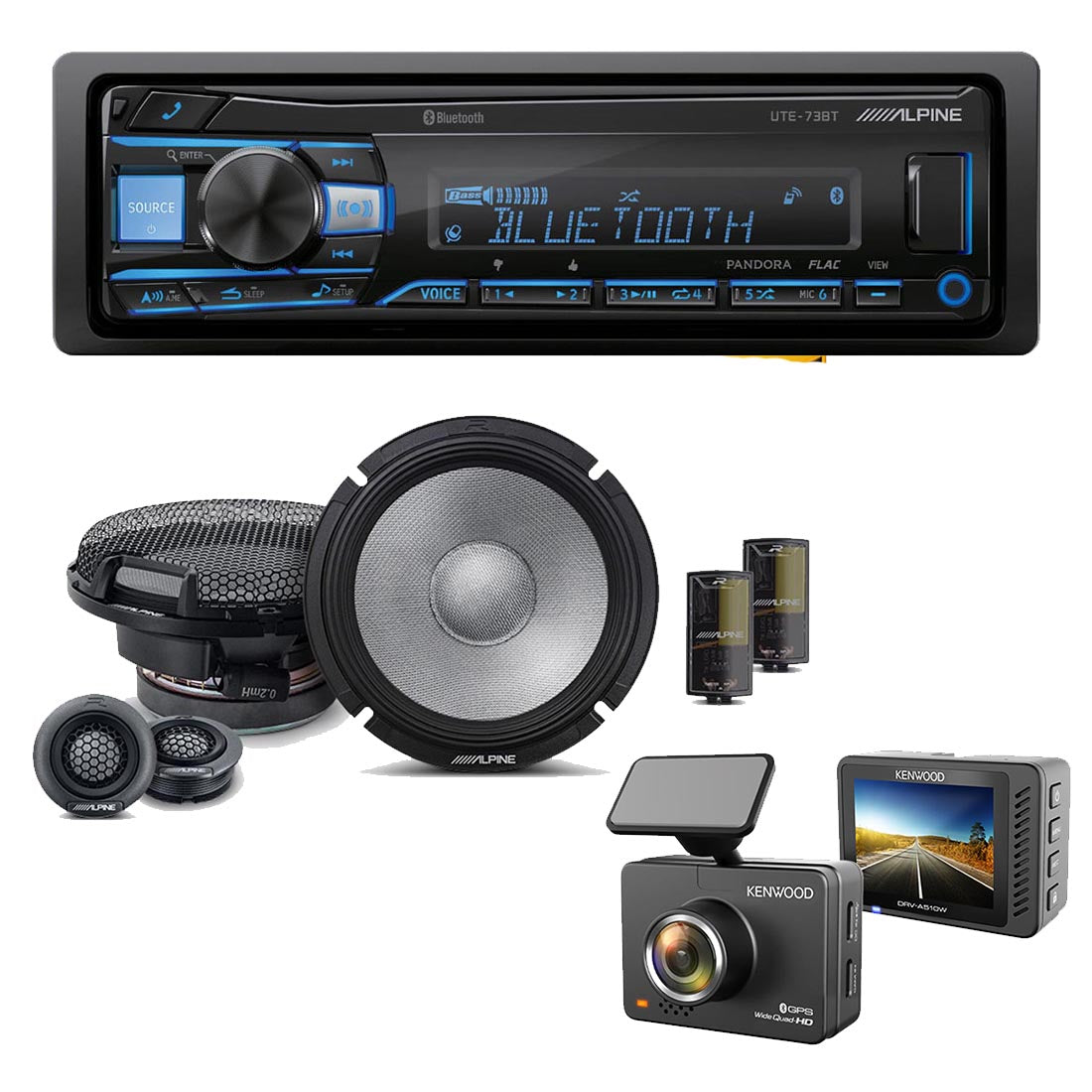 Alpine UTE-73BT Digital Media Receiver | Alpine R2-S65C Speaker Set | Kenwood DRV-A510W Dash Cam - Bundle
