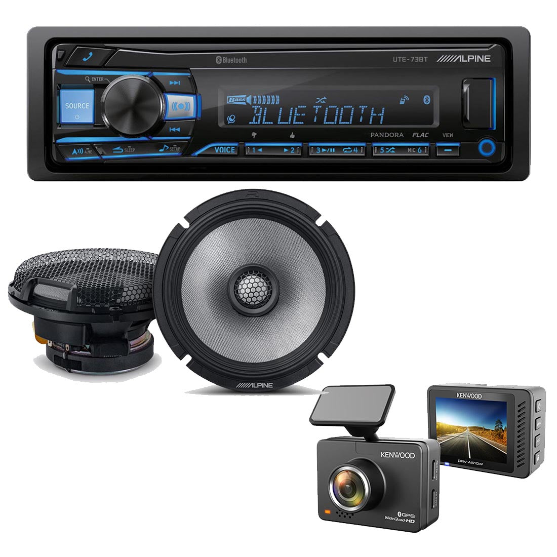 Alpine UTE-73BT Digital Media Receiver | Alpine R2-S65 Speaker Set | Kenwood DRV-A510W Dash Cam - Bundle