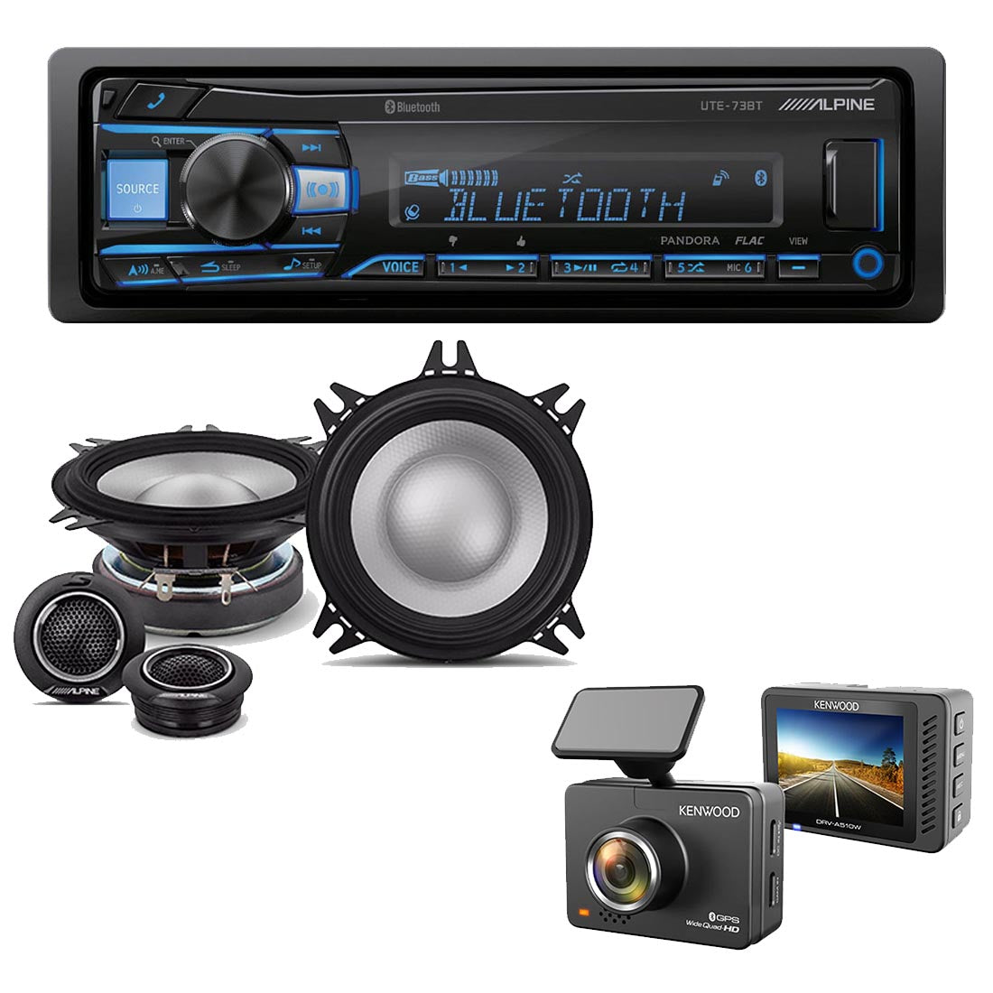 Alpine UTE-73BT Digital Media Receiver | Alpine S2-S40C Speaker System | Kenwood DRV-A510W Dash Cam - Bundle