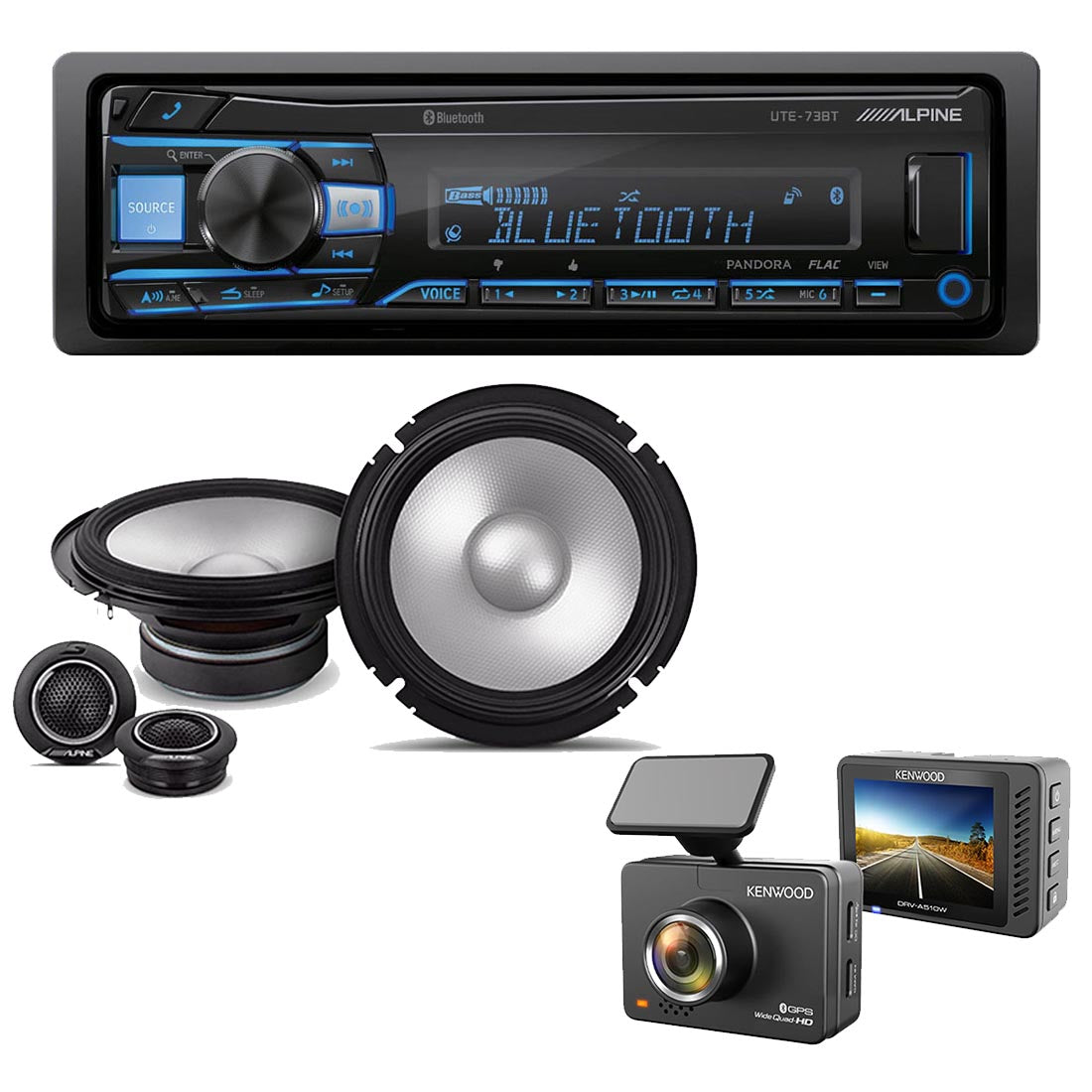 Alpine UTE-73BT Digital Media Receiver | Alpine S2-S65C Speaker System | Kenwood DRV-A510W Dash Cam - Bundle