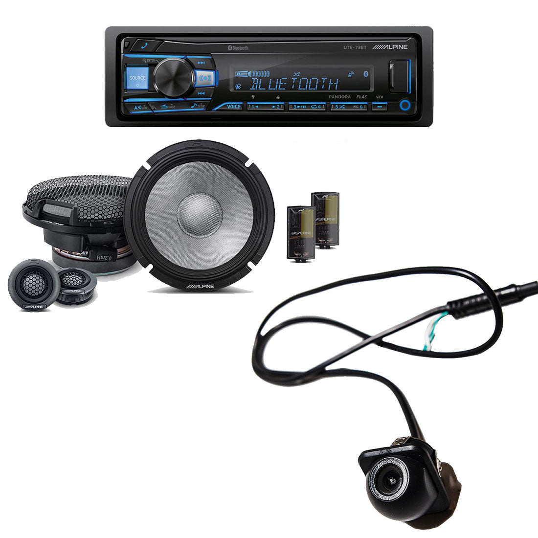 Alpine UTE-73BT Single-DIN Bluetooth Digital Media Receiver | Alpine R2-S65C 6.5" High-Resolution 2-Way Speaker Set | EchoMaster RVC 5721 Push In Rear/Front View Backup Camera - Bundle