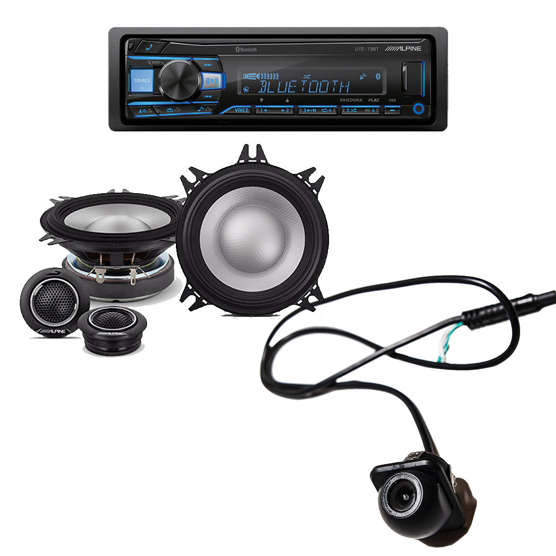 Alpine UTE-73BT Single-DIN Bluetooth Digital Media Receiver | Alpine S2-S40C S-Series 4" Component 2-Way Speaker System | EchoMaster RVC 5721 Push In Rear/Front View Backup Camera