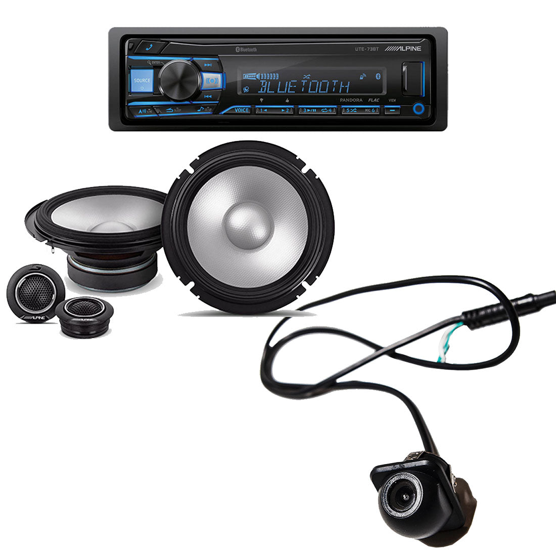 Alpine UTE-73BT Single-DIN Bluetooth Digital Media Receiver |Alpine S2-S65C S-Series 6.5" Component 2-Way Speaker System | EchoMaster RVC 5721 Push In Rear/Front View Backup Camera - Bundle