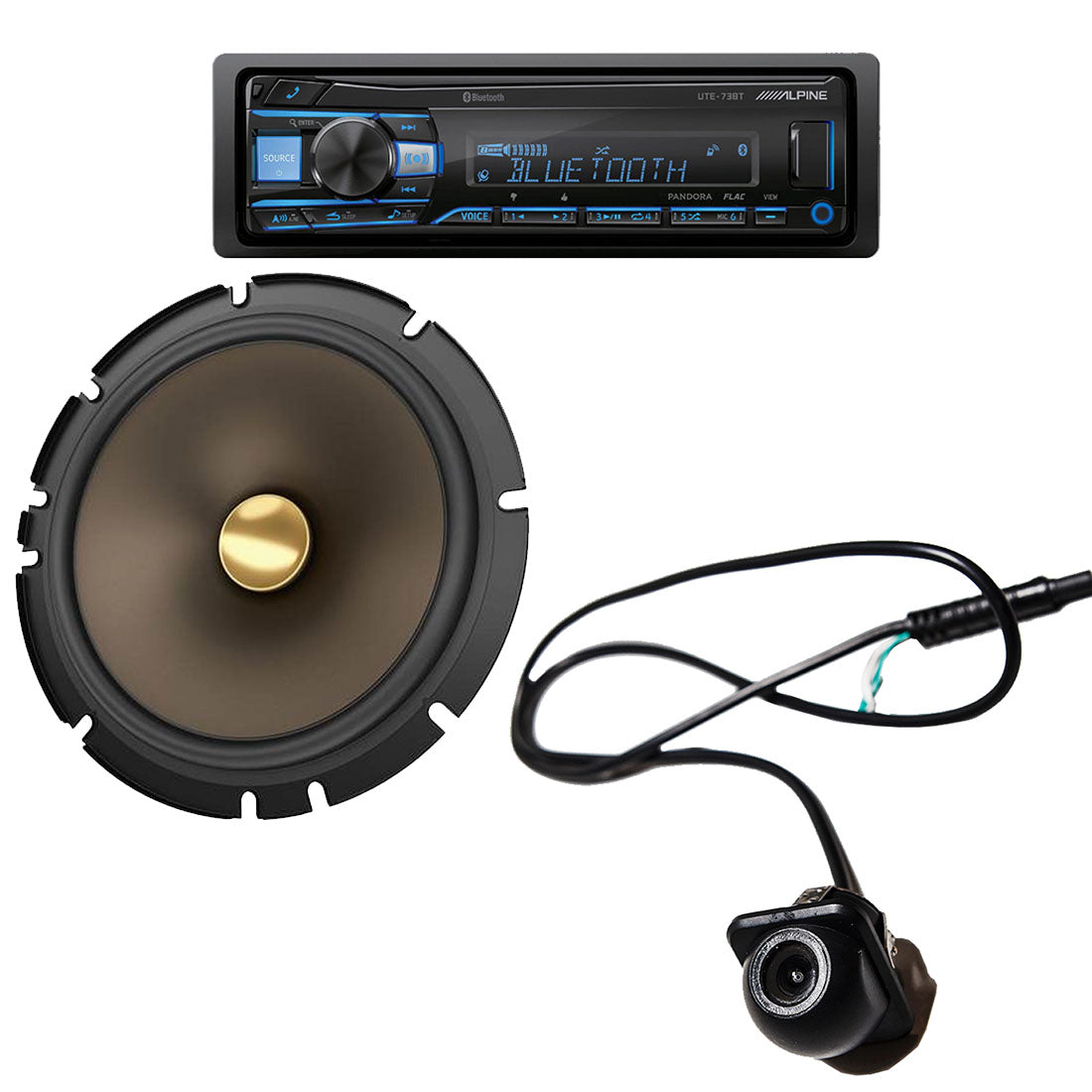Alpine UTE-73BT Single-DIN Bluetooth Digital Media Receiver | Pioneer TS-A653CH A-Series MAX 6.5" 2-Way Component Speaker System | EchoMaster RVC 5721 Push In Rear/Front View Backup Camera - Bundle