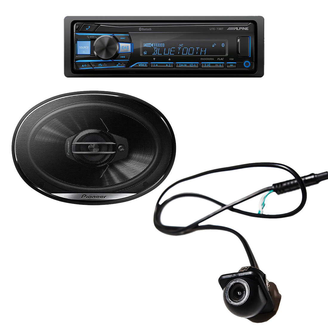 Alpine UTE-73BT Single-DIN Bluetooth Digital Media Receiver | Pioneer TS-G6930F 6x9" 400w Max Power 3-Way Coaxial Car Speakers | EchoMaster RVC 5721 Push In Rear/Front View Backup Camera