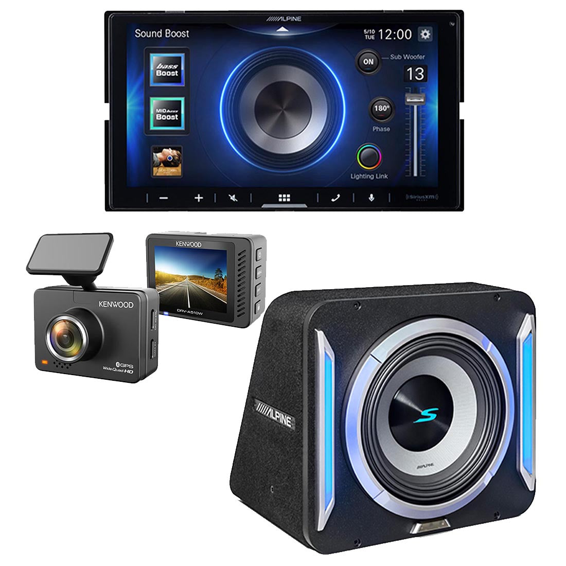 Alpine iLX-W670 Digital Multimedia Receiver | Alpine S2-SB10 Subwoofer Wedge Enclosure | Kenwood DRV-A510W HD Dash Cam - Bundle