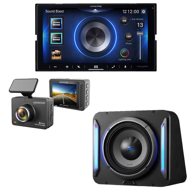 Alpine iLX-W670 Digital Multimedia Receiver | Alpine S2-SB12 Subwoofer Wedge Enclosure | Kenwood DRV-A510W HD Dash Cam - Bundle