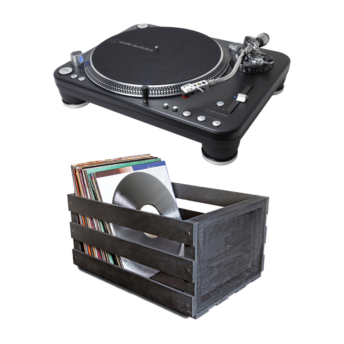 Audio-Technica AT-LP1240-USBXP Direct-Drive Professional DJ Turntable | Ultralink ULPRC Record Storage Crate Bundle