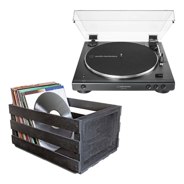 Audio-Technica AT-LP60XBT-USB-BK Fully Automatic Wireless Belt-Drive USB and Analog Turntable | Ultralink ULPRC Record Storage Crate Bundle