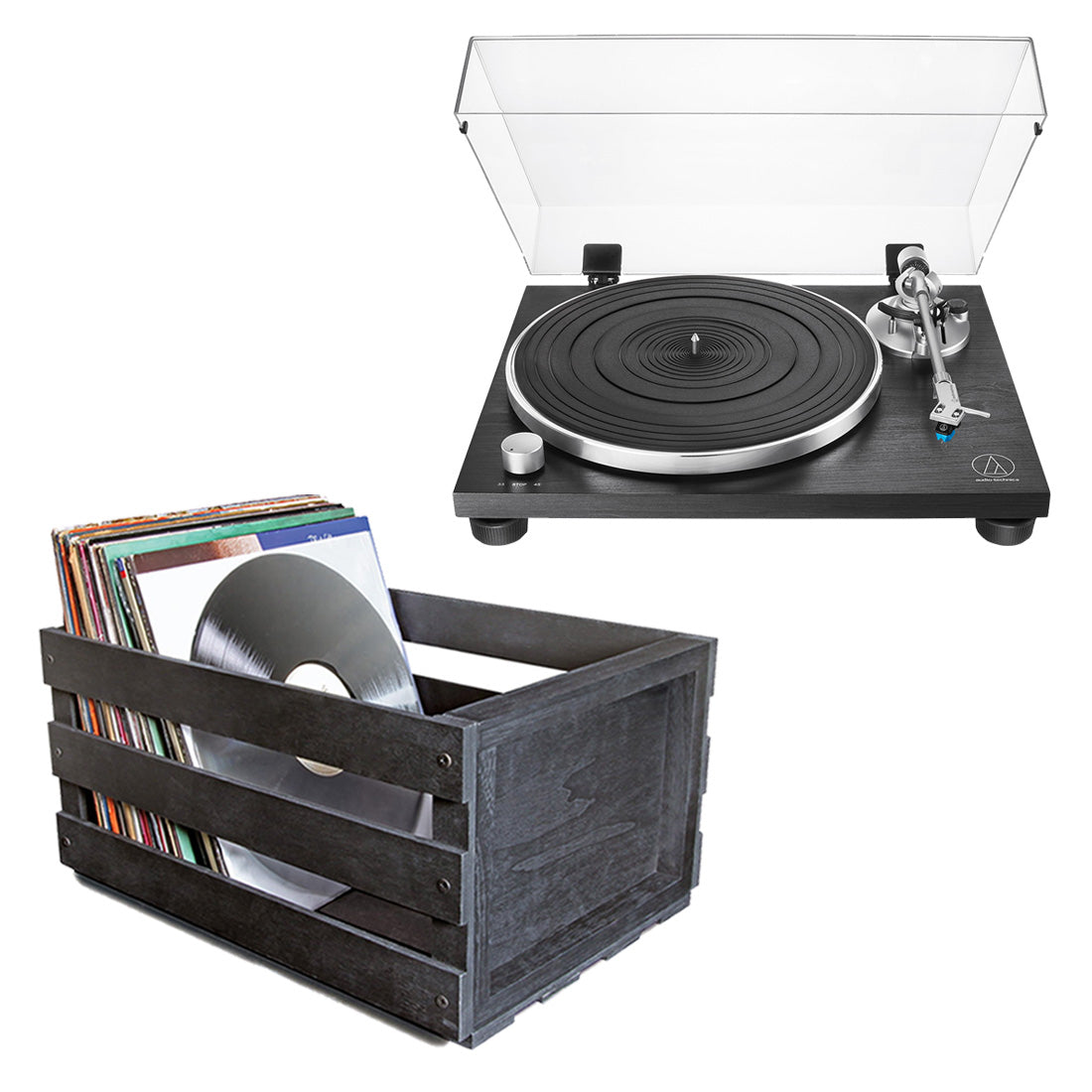 Audio-Technica AT-LPW30BKR Fully Manual Belt-Drive Turntable | Ultralink ULPRC Record Storage Crate Bundle