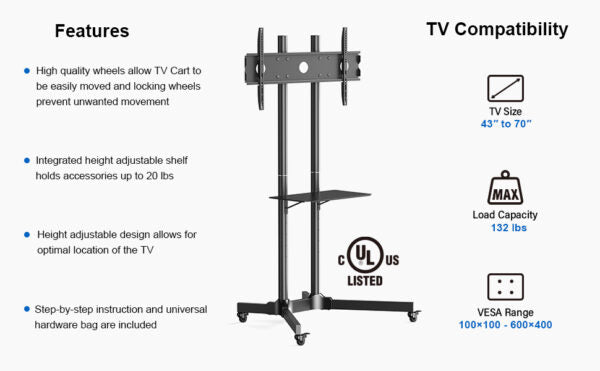 ErgoAV BETCL1-01B Cart for TVs 40" to 75" with Height Adjust