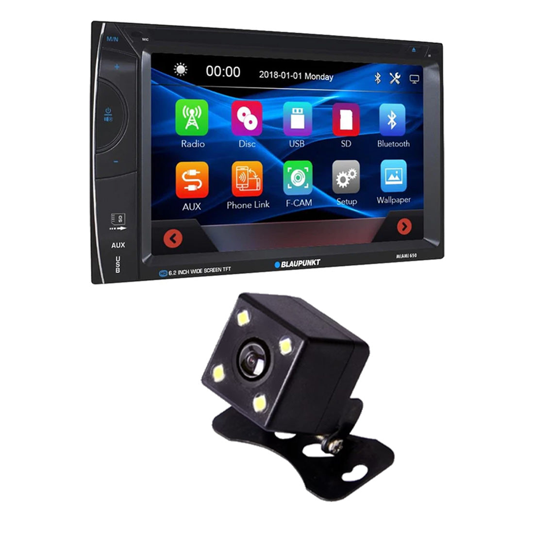 Blaupunkt Miami650-CAM Bundle: MIAMI650 Double DIN Receiver | BRC-AB100 Mini Rear View Camera