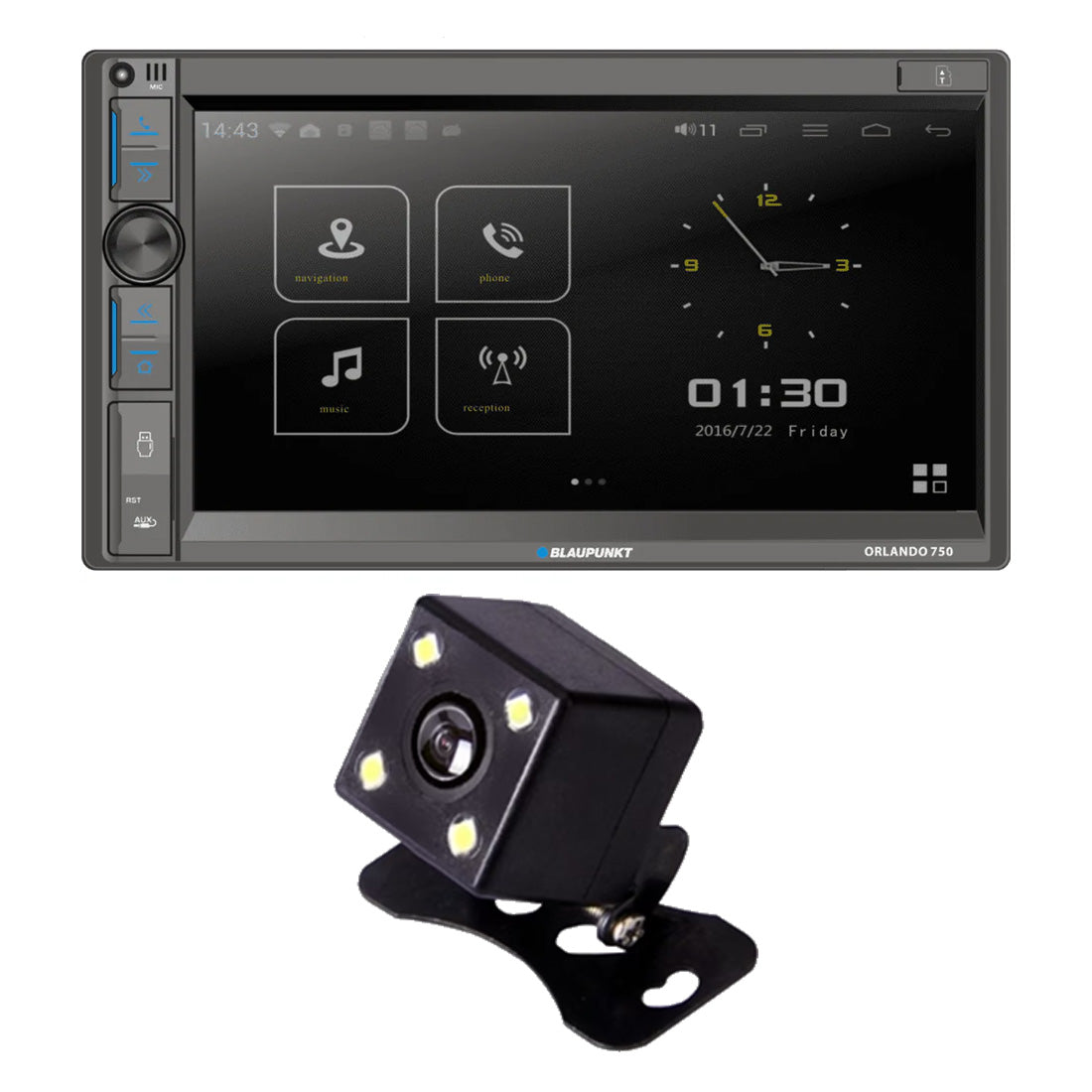 Blaupunkt Orlando750-CAM Bundle: ORLANDO750 Double DIN Mechless Receiver | BRC-AB100 Mini Rear View Camera