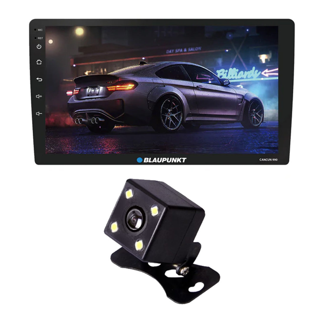 Blaupunkt Cancun990-CAM Bundle: CANCUN990 Single DIN Floating Mount Receiver | BRC-AB100 Mini Rear View Camera