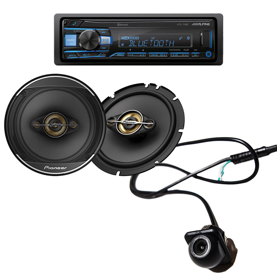 Alpine UTE-73BT Digital Media Receiver | Pioneer TS-A1681F 6.5" Car Speakers | EchoMaster RVC 5721 Rear/Front View Backup Camera - Bundle