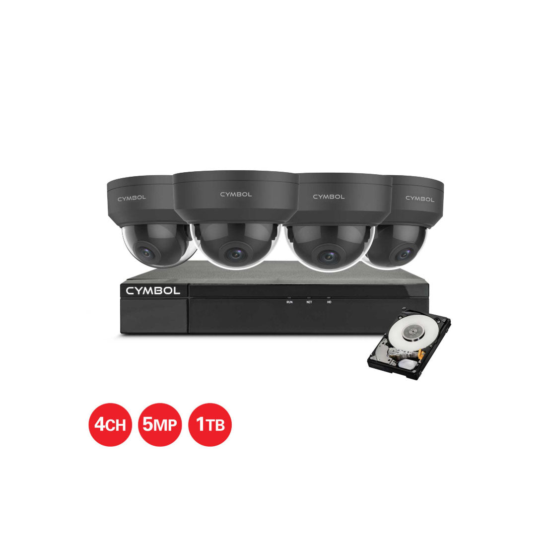 Cymbol 4CH IP Kit With 4 x 5MP White VPD Cameras and 4CH 1TB NVR - Black