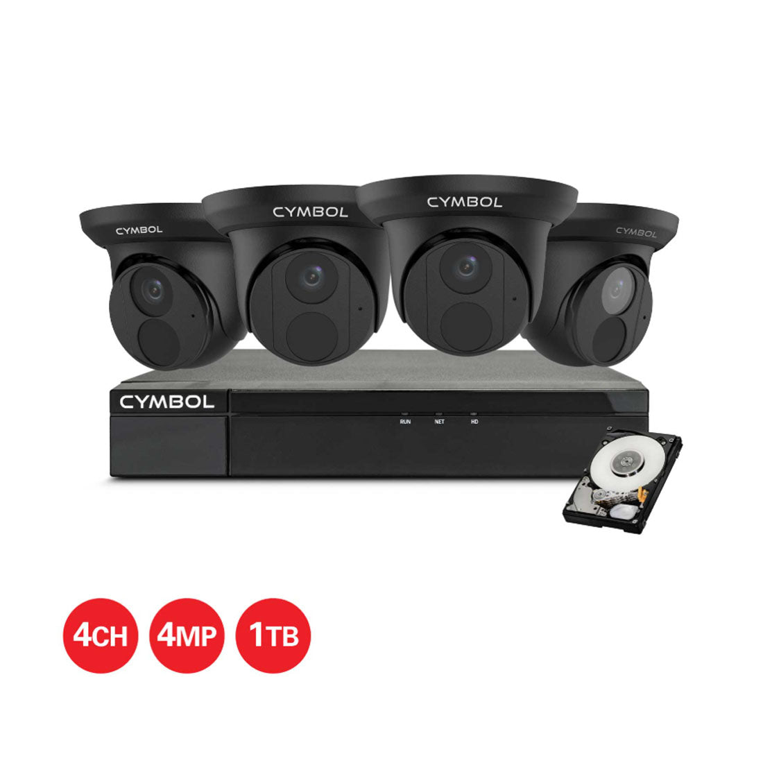 Cymbol 4Channel IP Camera Kit With 4 x 4MP White Turret Cameras and 4Channel 1TB NVR (Copy)