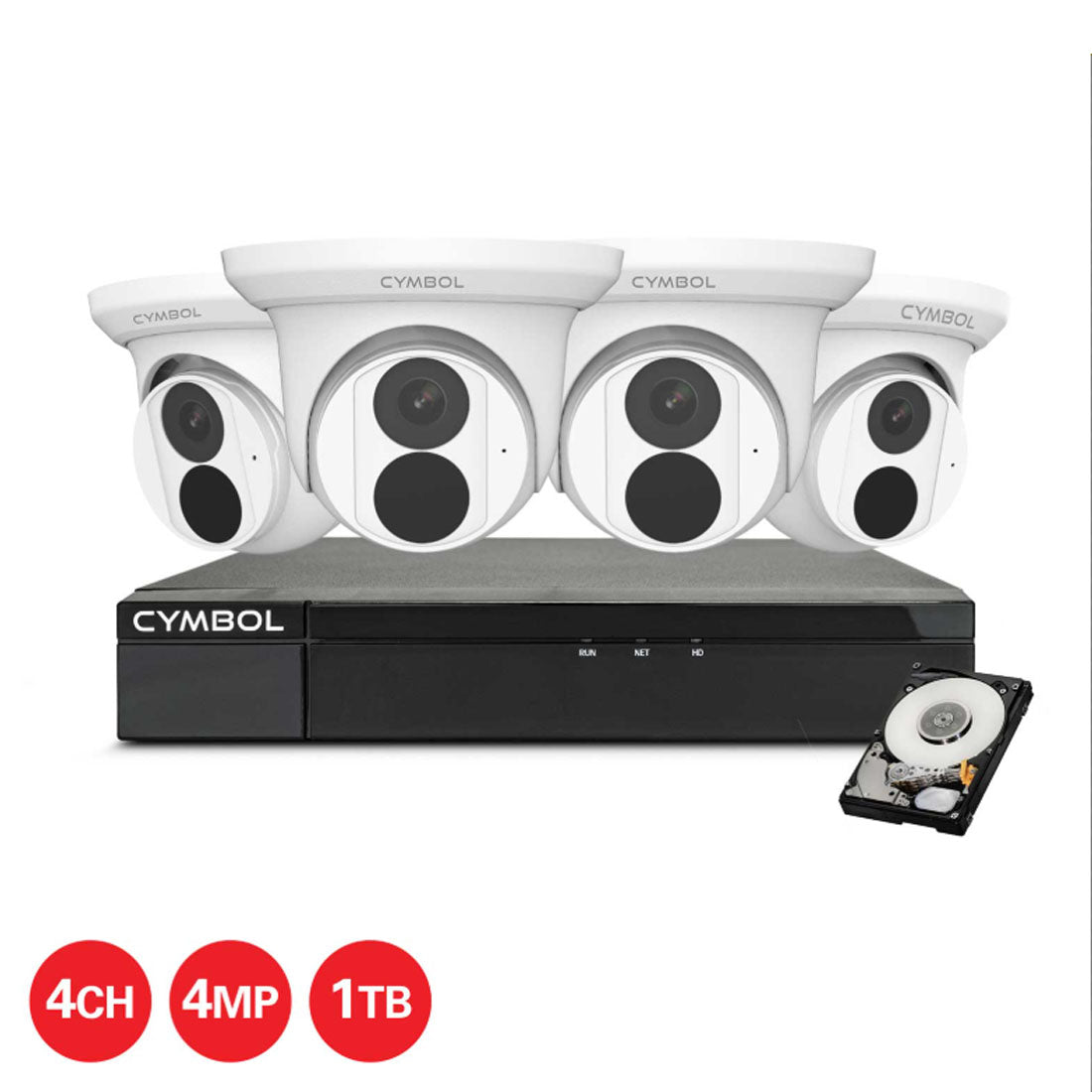 Cymbol 4Channel IP Camera Kit With 4 x 4MP White Turret Cameras and 4Channel 1TB NVR
