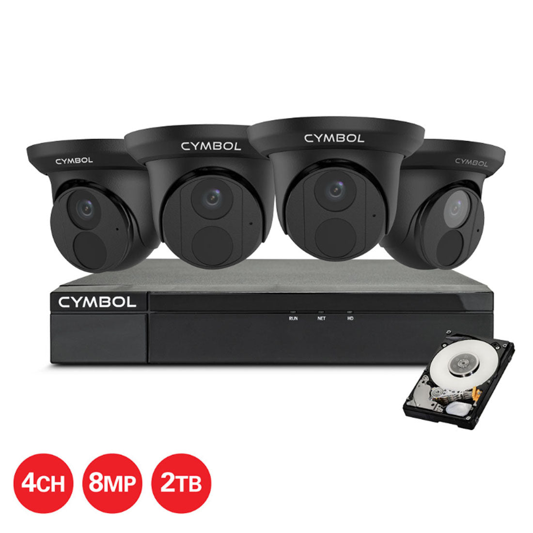 Cymbol 4CH IP Kit With 4 x 8MP Turret Cameras and 4CH 2TB NVR - Black