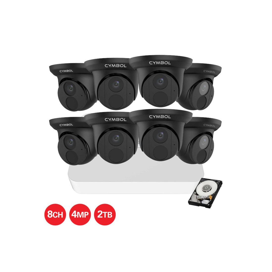 Cymbol 8 Channel IP Camera Kit With 8 x 4MP Turret Cameras and 8 Channel 2TB NVR - Black