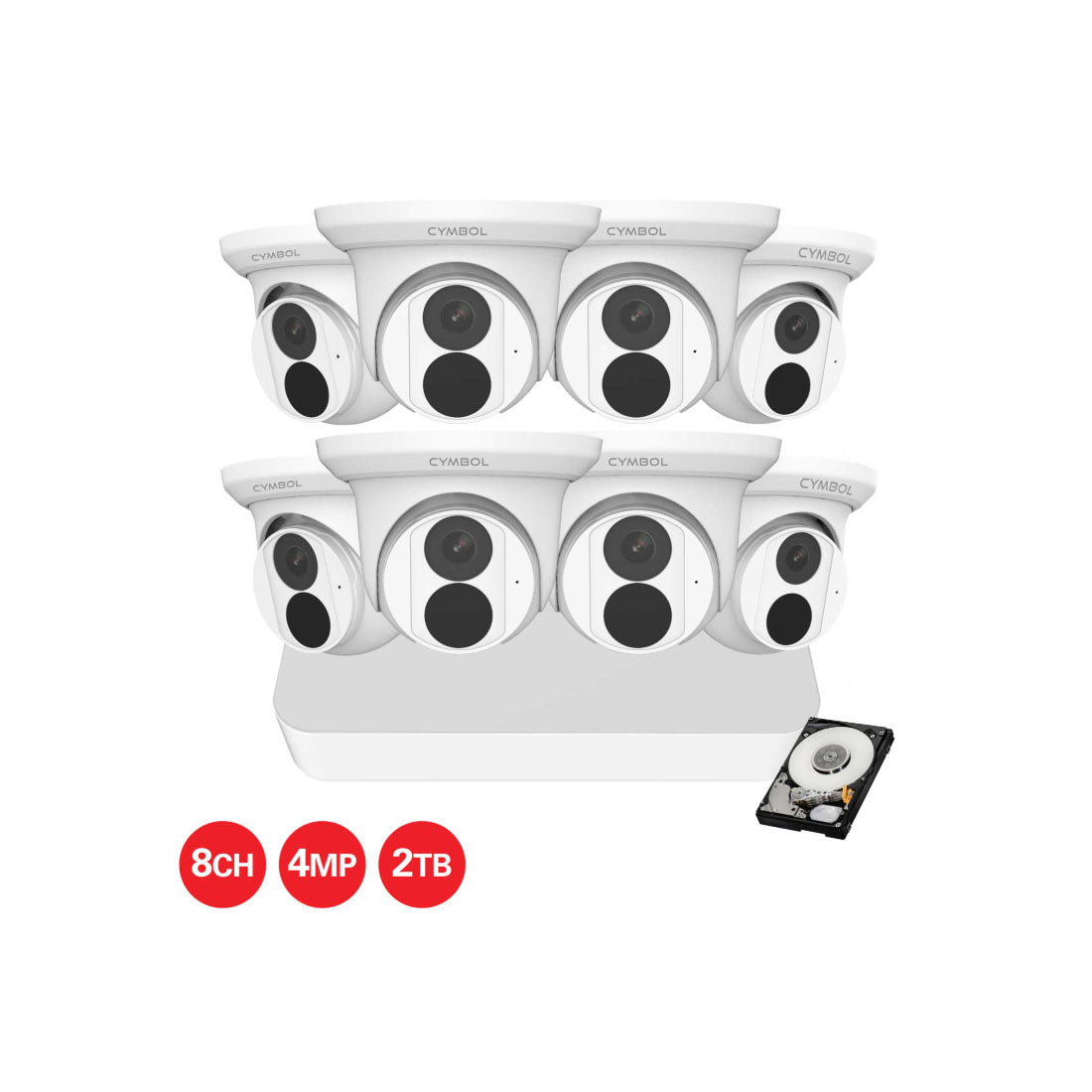 Cymbol 8Channel IP Camera Kit With 8 x 4MP White Turret Cameras and 8 Channel 2TB NVR