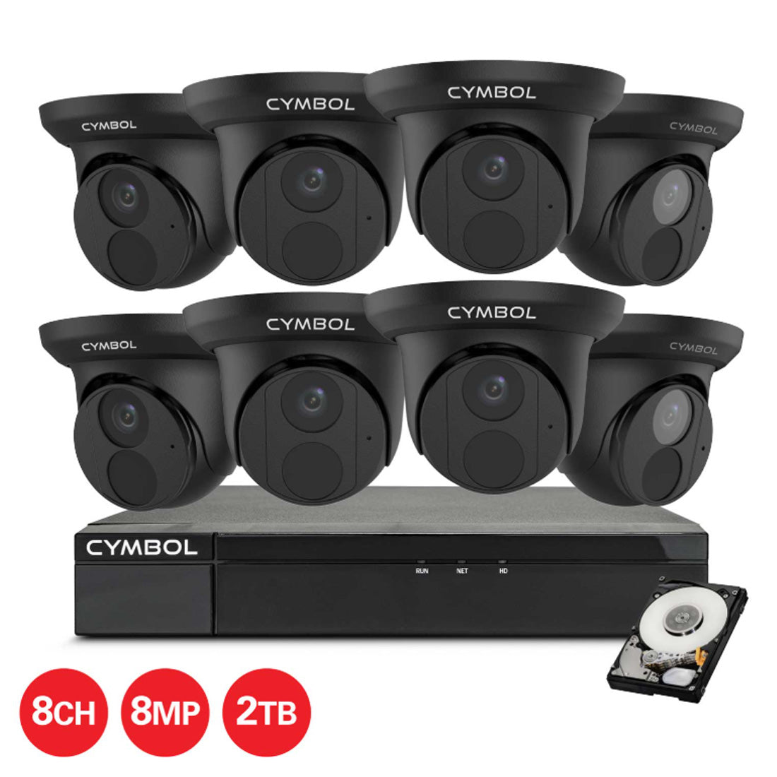 Cymbol 8CH IP Kit With 8 x 8MP Turret Cameras and 8CH 2TB NVR - Black