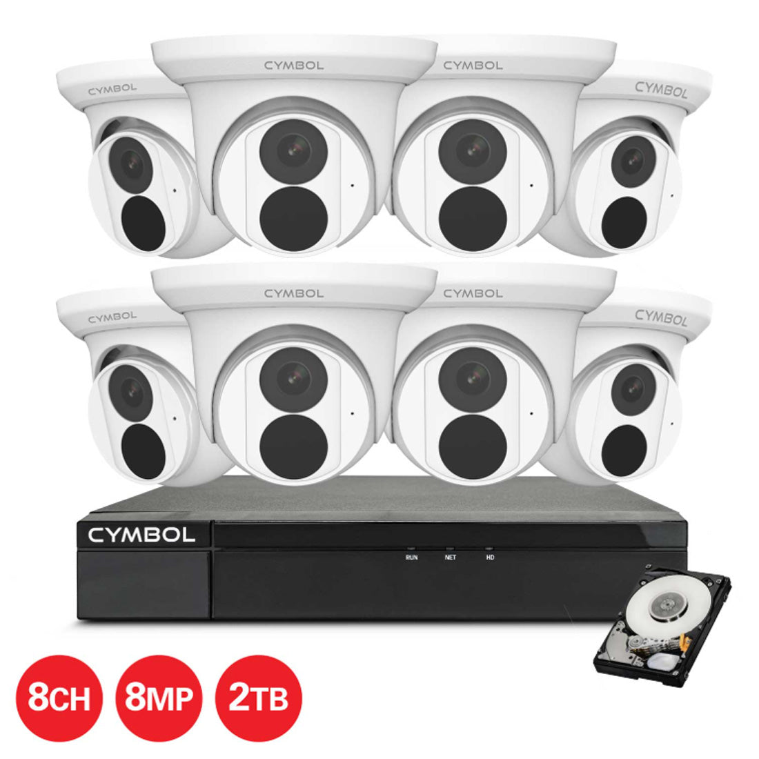 Cymbol 8CH IP Kit With 8 x 8MP Turret Cameras and 8CH 2TB NVR - White