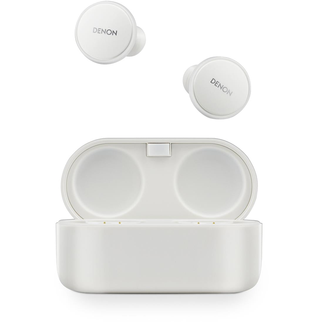 Denon PerL Pro white earbuds and case