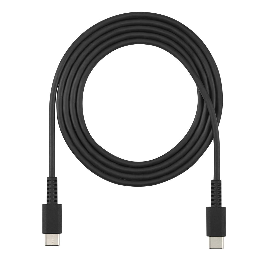 A coiled black USB-C to USB-C cable on a solid white background.