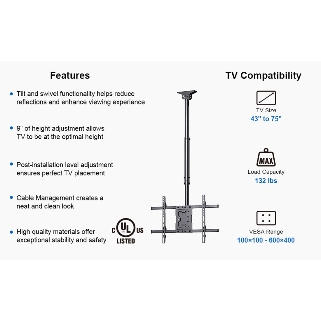 ErgoAV ERMCL1-01B Ceiling Mount for TVs 43″ to 75″