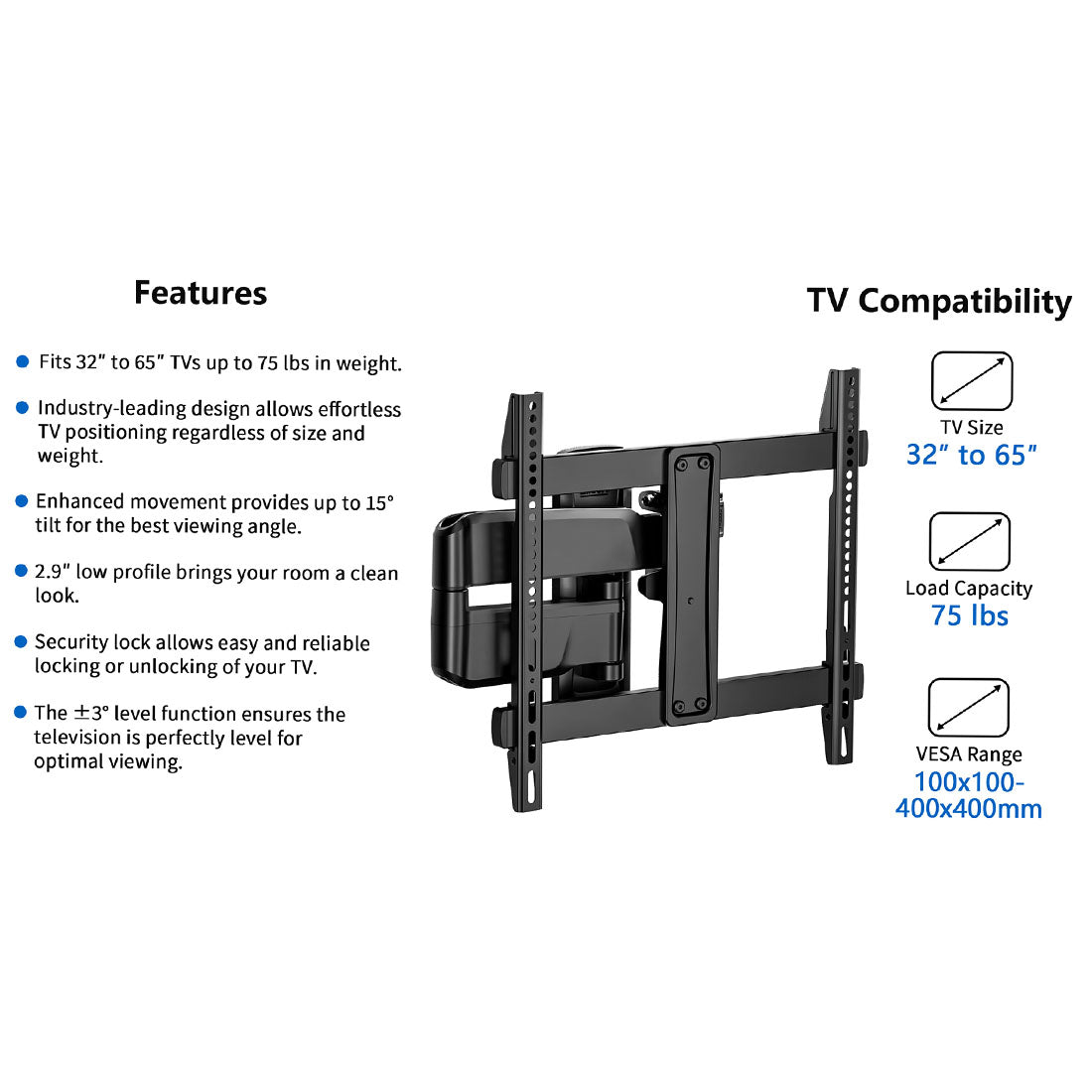 ErgoAV ERMMM9-01B Medium Motion TV Mount 32″-65″ TVs