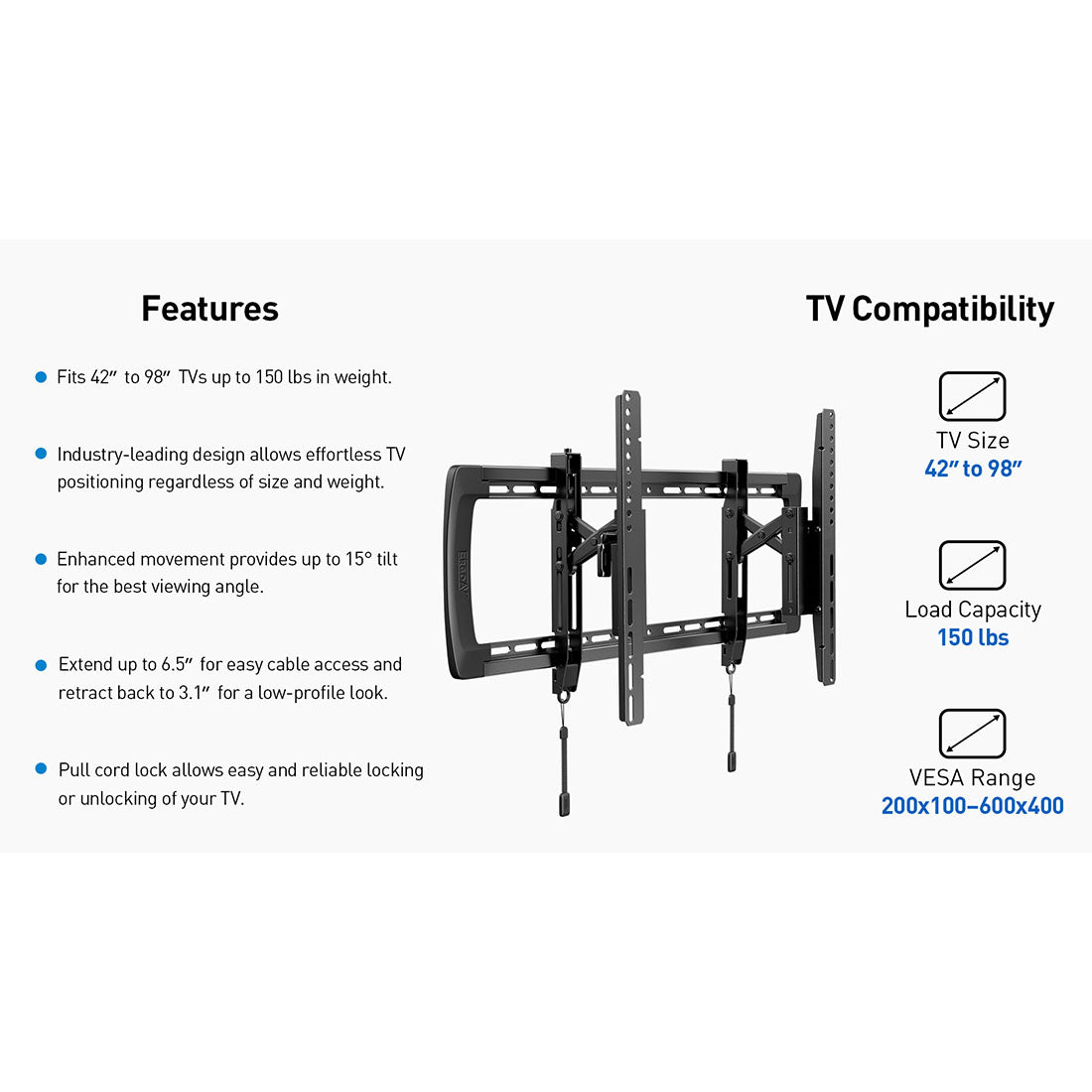 ErgoAV ERMTL7-01B Large Extend & Tilt TV Mount 42″-98″ TVs