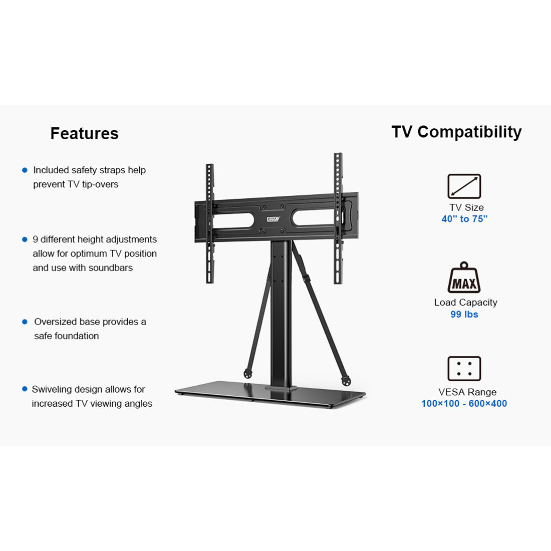 ErgoAV ERTSL2-01B Tabletop TV Stand with Swivel for 40″ to 75″ TVs