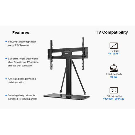 ErgoAV ERTSL2-01B Tabletop TV Stand with Swivel for 40″ to 75″ TVs