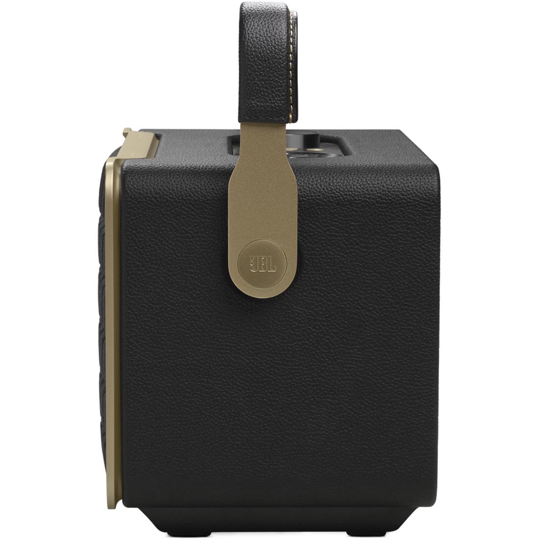 Black JBL Authentics 300 portable speaker with convenient handle, leather-like enclosure, and JBL logo