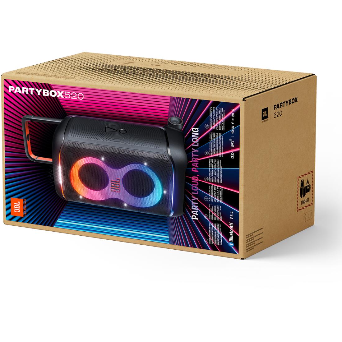 Box packaging of a JBL PartyBox 520 with colorful design and product image.