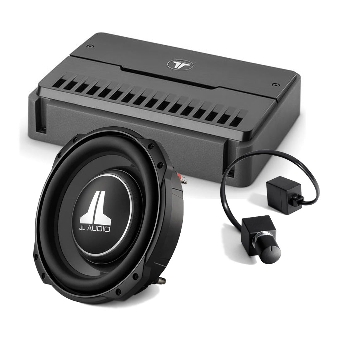 JL Audio 10TW3-D4 10" Shallow-Mount Subwoofer- #92184 | RD500/1 Mono Amplifier – #98618 | RBC-1 Bass Remote Control – #98015 - Bundle