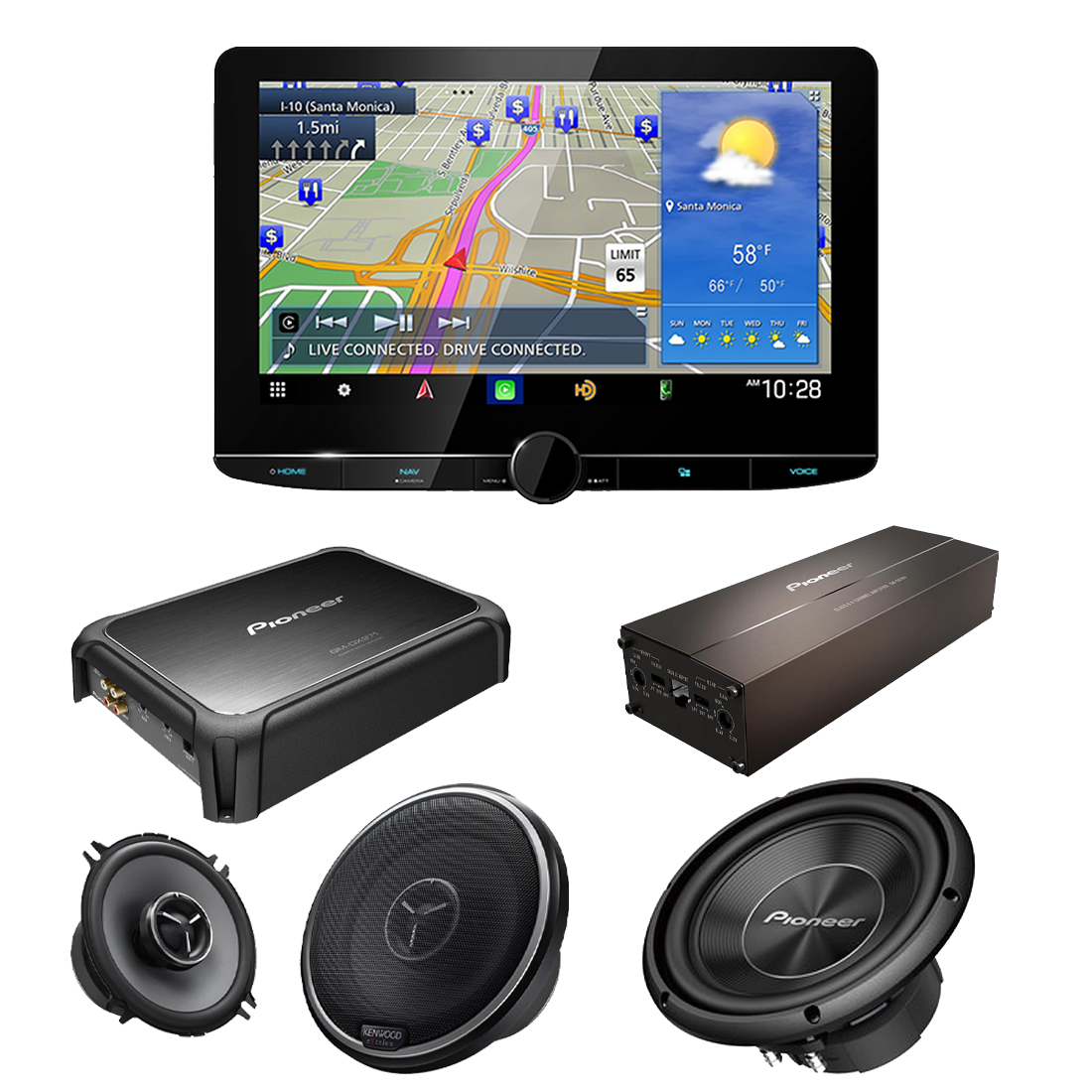 Kenwood eXcelon DNR1007XR 10.1" Multimedia Receiver | KFC-X134 5.25" 2-Way Speakers | Pioneer GM-DX104 4-Channel Class D Amplifier | GM-DX971 Class D Mono Amplifier | TS-A250D4 10" 4-Ohm DVC Subwoofer - Bundle